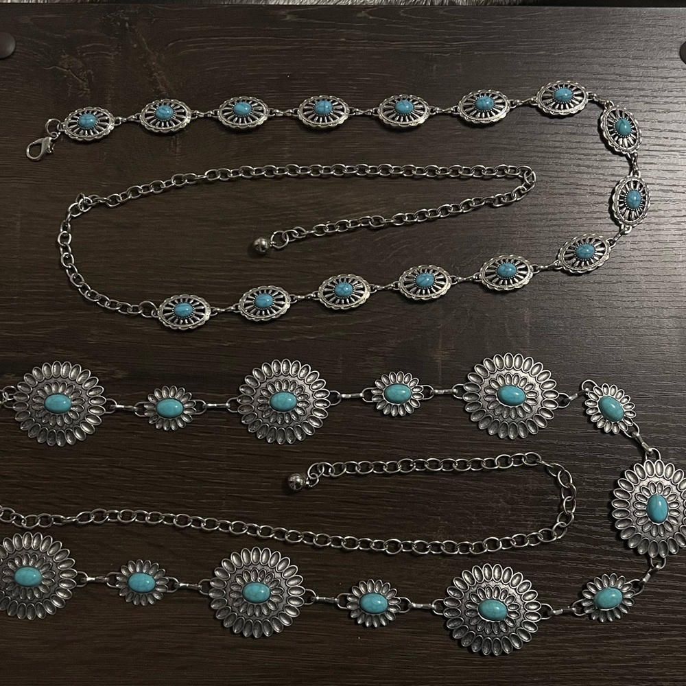silver w turquoise stones / copper w turquoise stone necklaces / chain belts